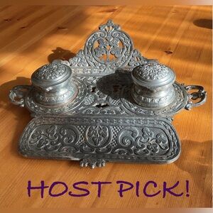 ANTIQUE VICTORIAN ART NOUVEAU METAL DOUBLE INKWELL GLOWY URANIUM SHAMROCKS